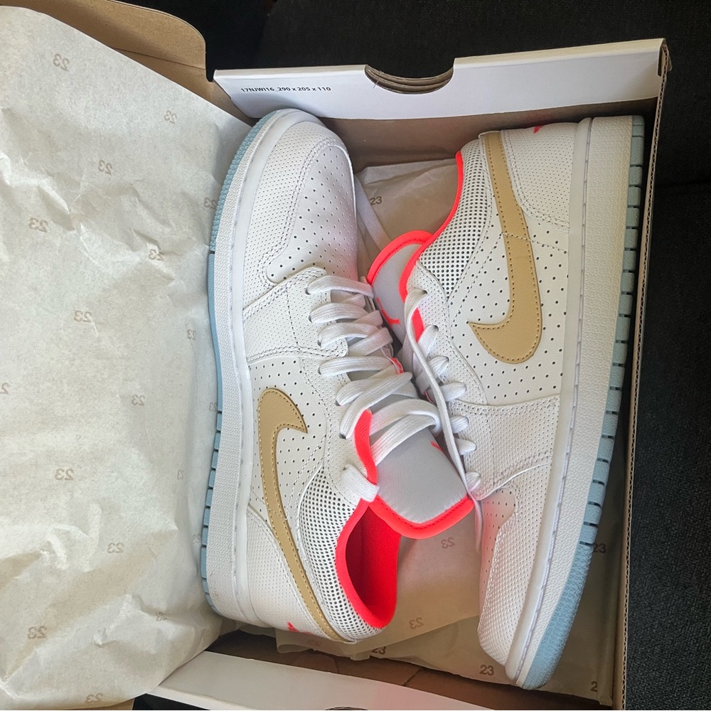 White and Tan Sneakers with Neon Accents